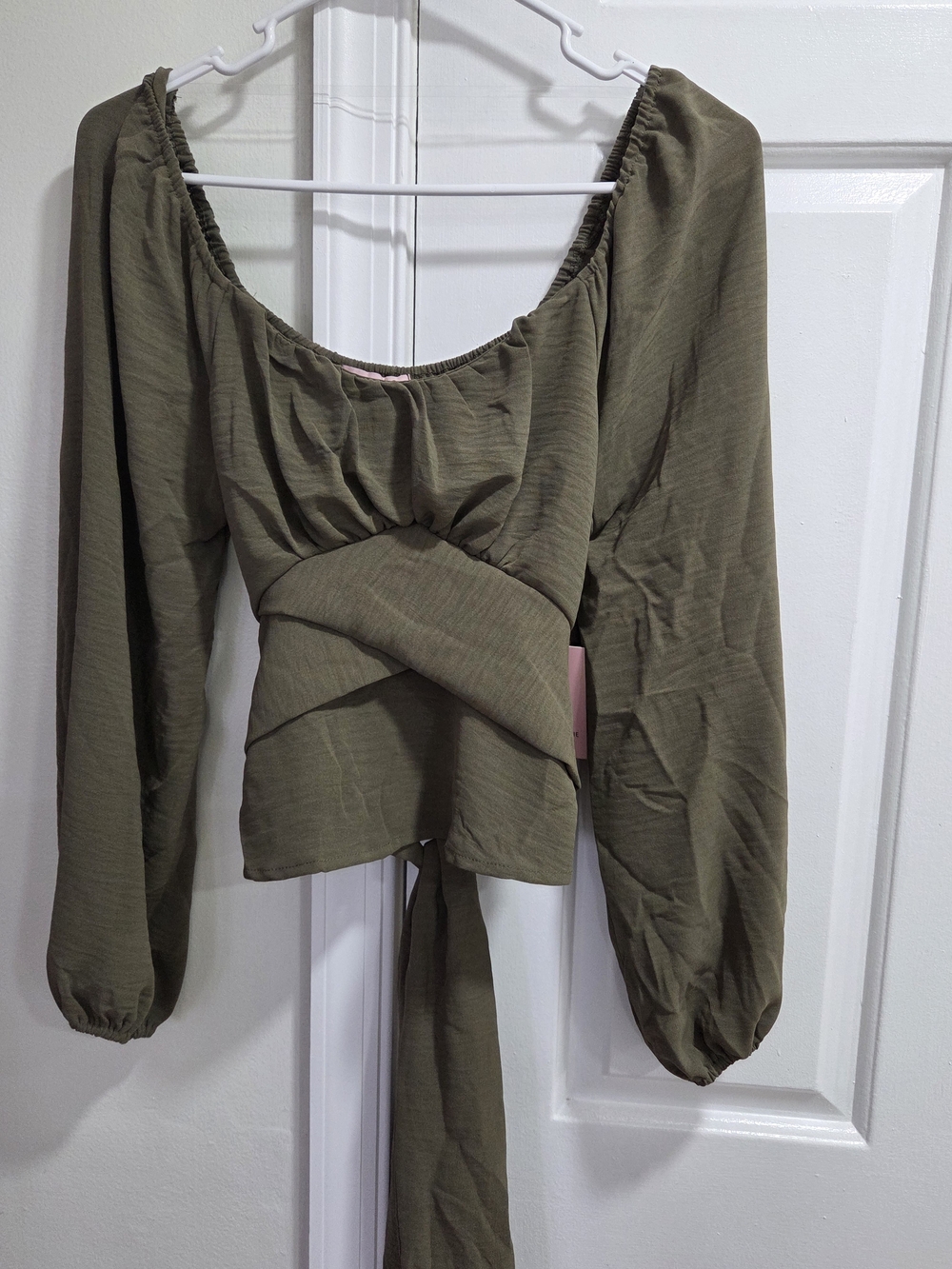 Olive Wrap Front Long-Sleeve Crop Top - Women